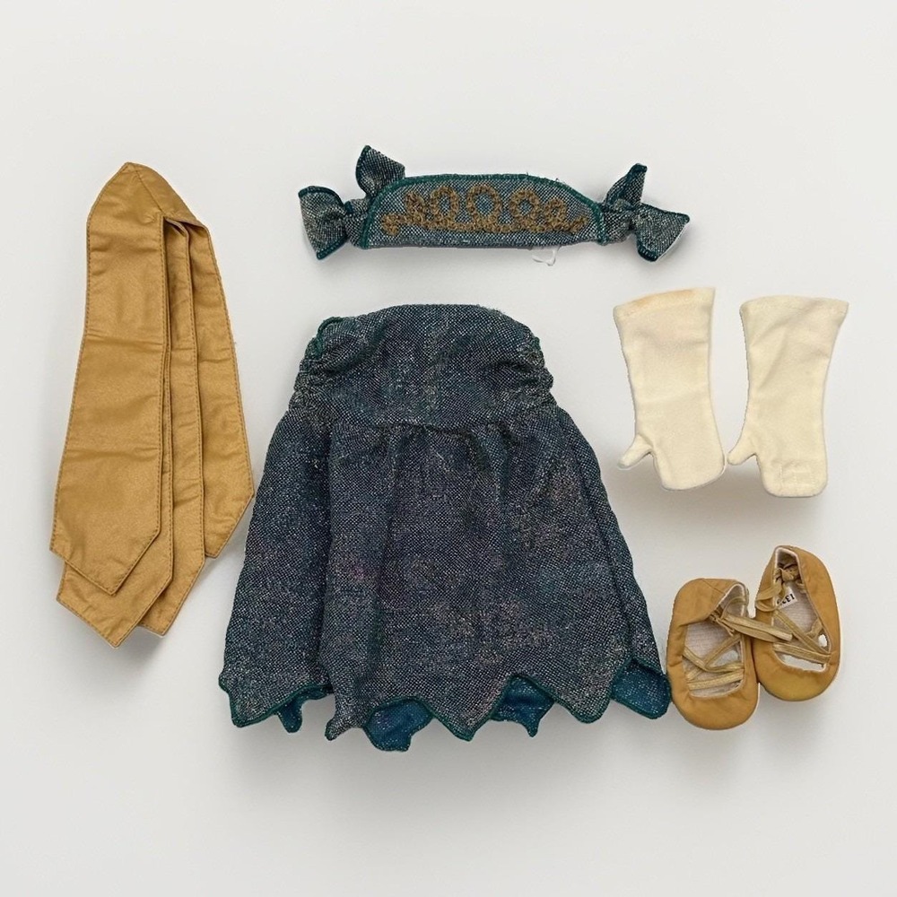 American Girl Doll Rebecca's Green Sparkle Dress Gold Sash Shoes Gloves Tiara